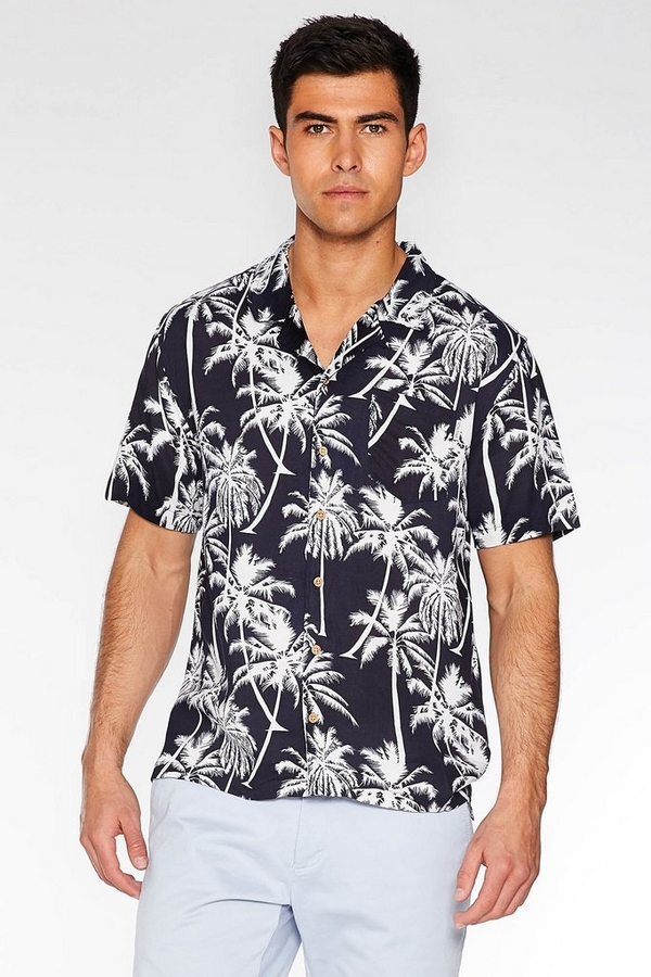 Navy Revere Collar Palm Print Shirt