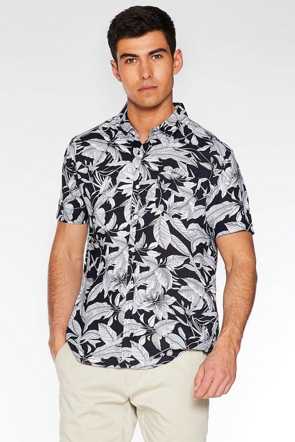 Navy Leaf Print Revere Collar Shirt
