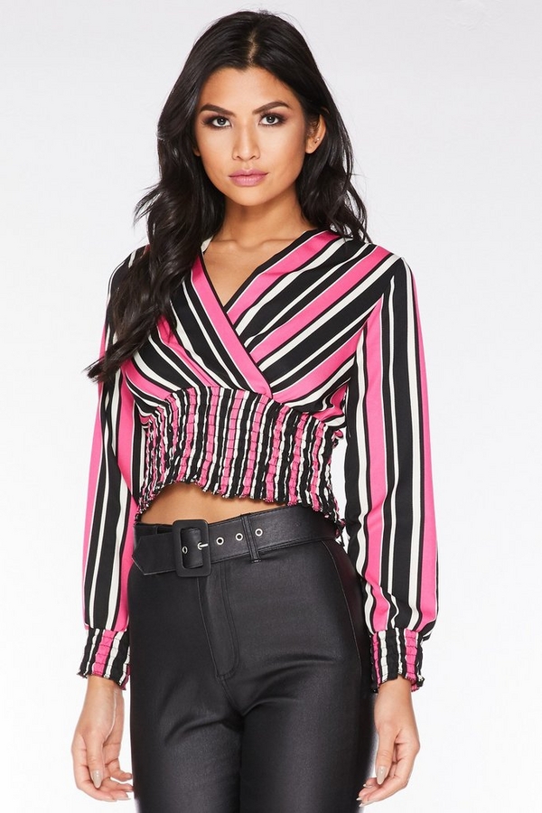 Pink and Black Stripe Long Sleeve Crop Top