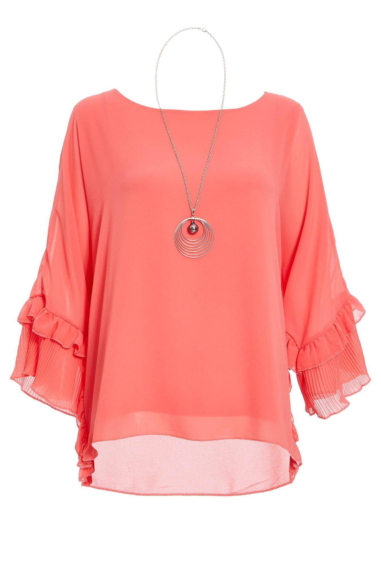Coral Chiffon Floral Batwing Necklace Top - Quiz Clothing