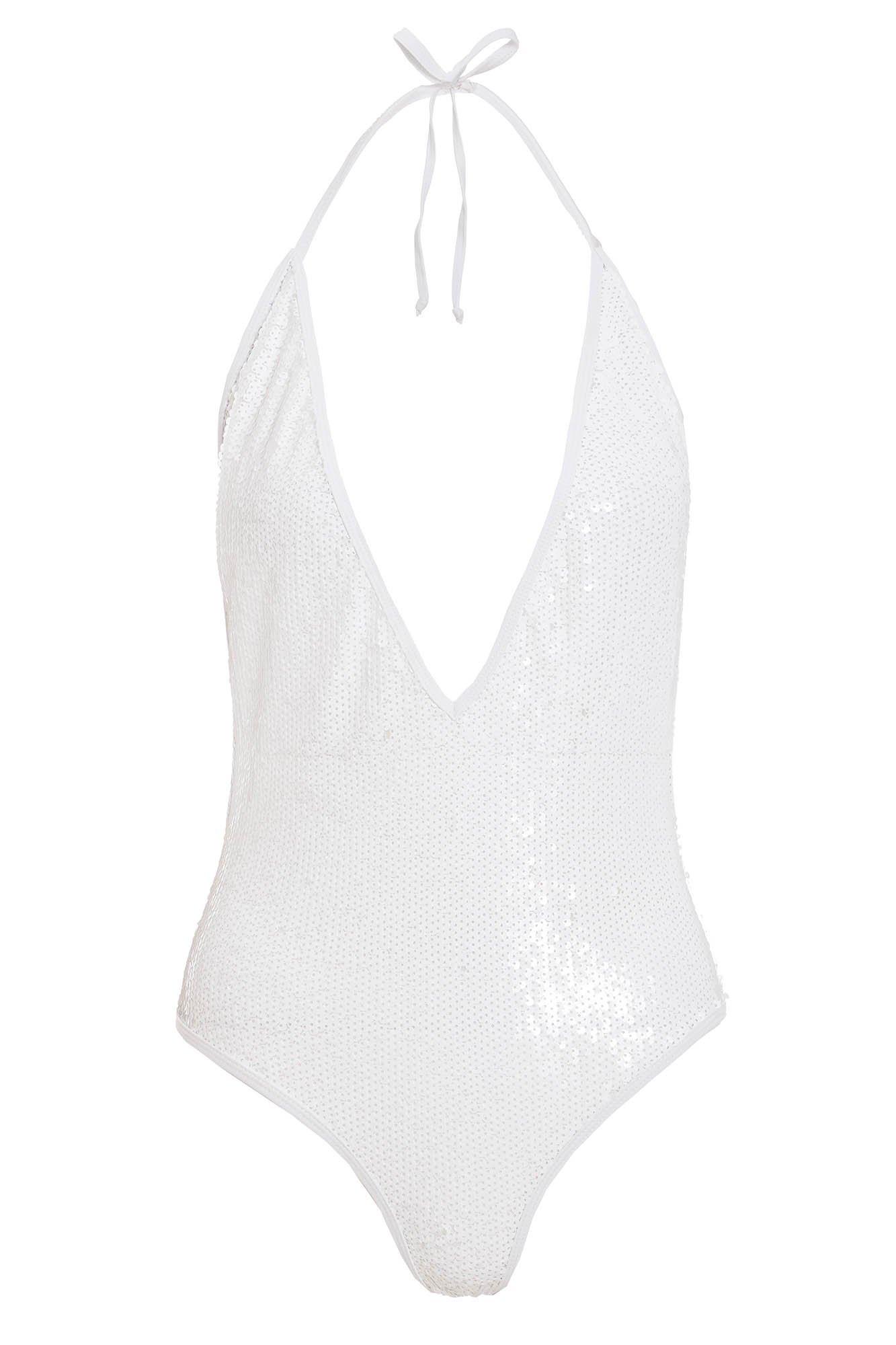White Sequin Plunge Swimsuit - Quiz Clothing