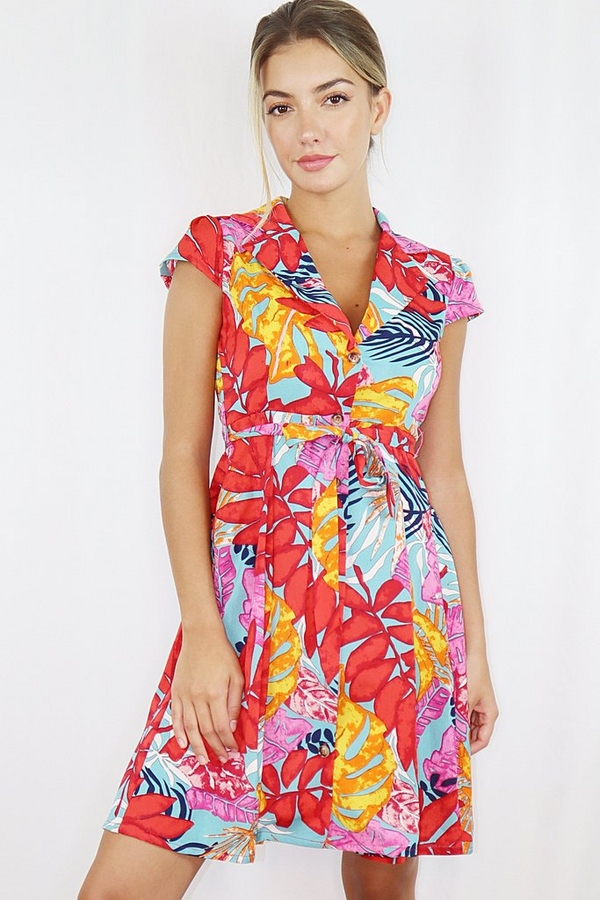 Multicoloured Tropical Print Skater Dress