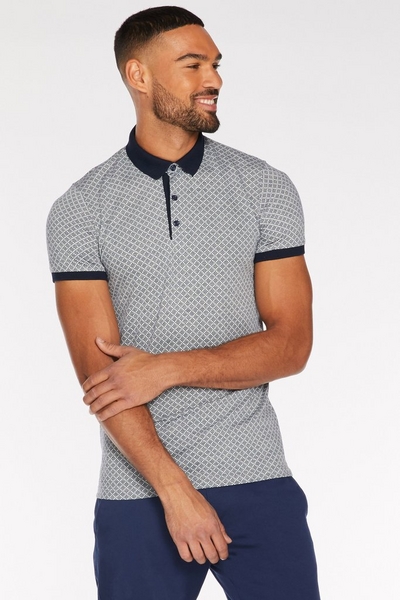 Printed Polo with Contrast Collar and Piping in Grey