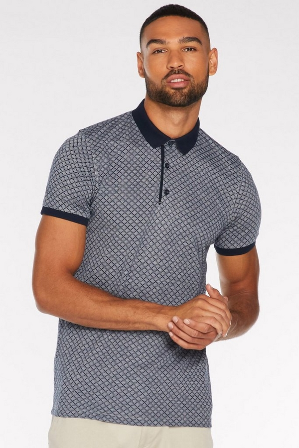 Printed Polo with Contrast Collar and Piping in Navy