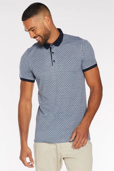 Printed Polo with Contrast Collar and Piping in Light Blue
