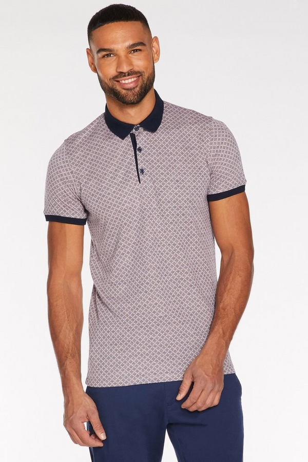 Printed Polo with Contrast Collar and Piping in Pink