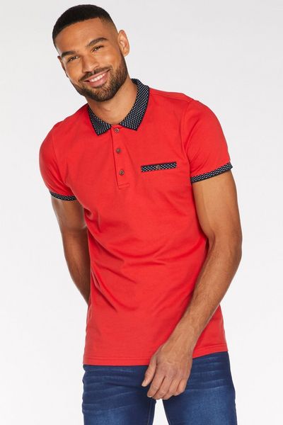 Contrast Collar and Sleeve Polo in Red