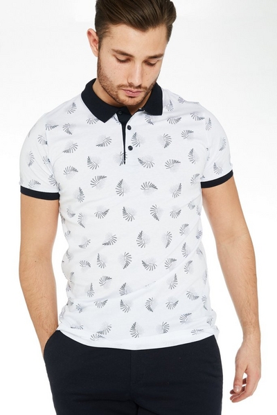 Leaf Print Polo Shirt with Contrast Collar & Sleeves in White