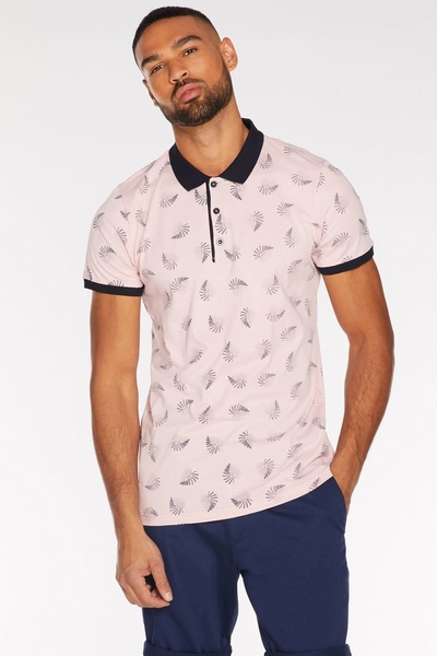 Leaf Print Polo Shirt with Contrast Collar & Sleeves in Pink