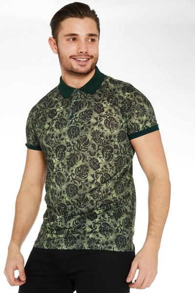 Floral Polo Shirt with Contrast Collar & Sleeves in Green