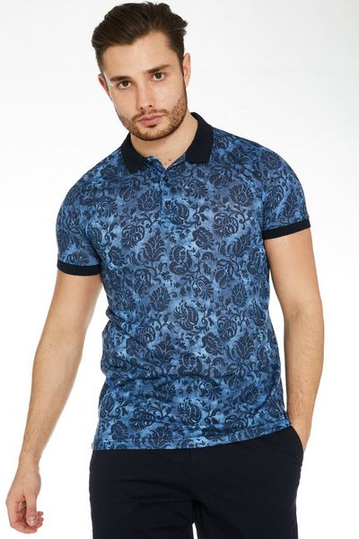 Floral Polo Shirt with Contrast Collar & Sleeves in Blue