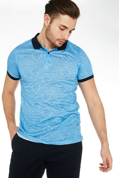 Spiral Print Polo Shirt with Contrast Collar and Sleeves in Blue