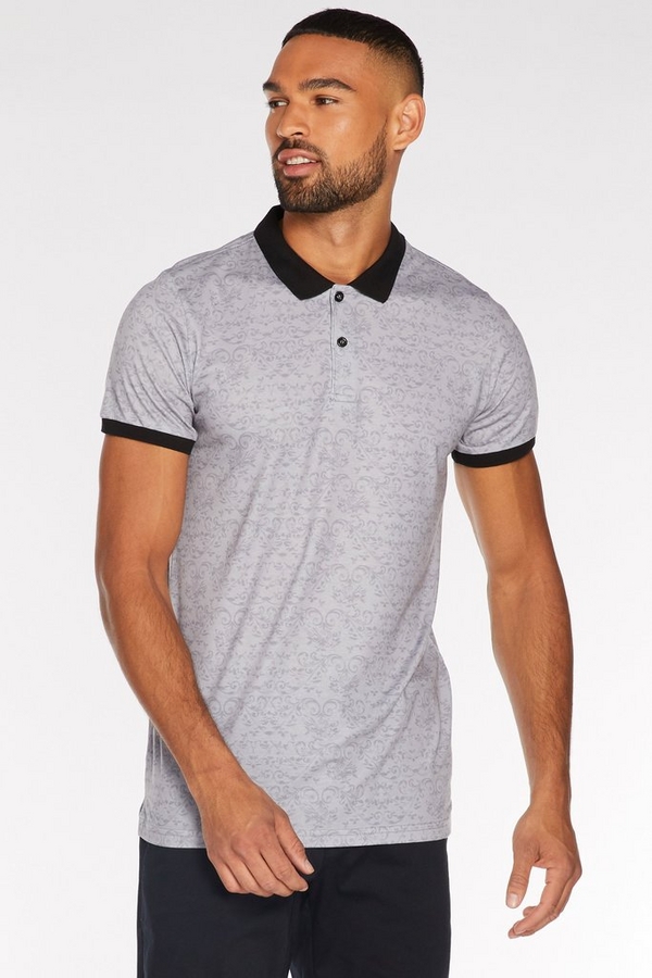 Spiral Print Polo Shirt with Contrast Collar and Sleeves in Grey