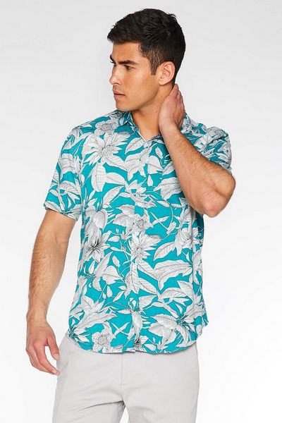 Turquoise Leaf Print Revere Collar Shirt