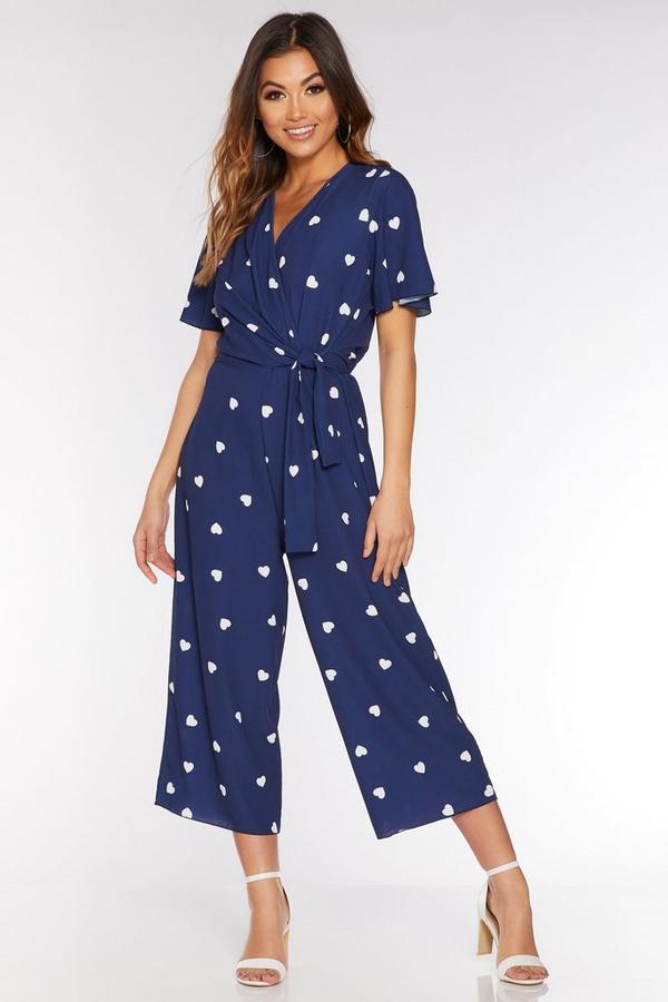 Navy and Cream Heart Print Culotte Jumpsuit Quiz Clothing