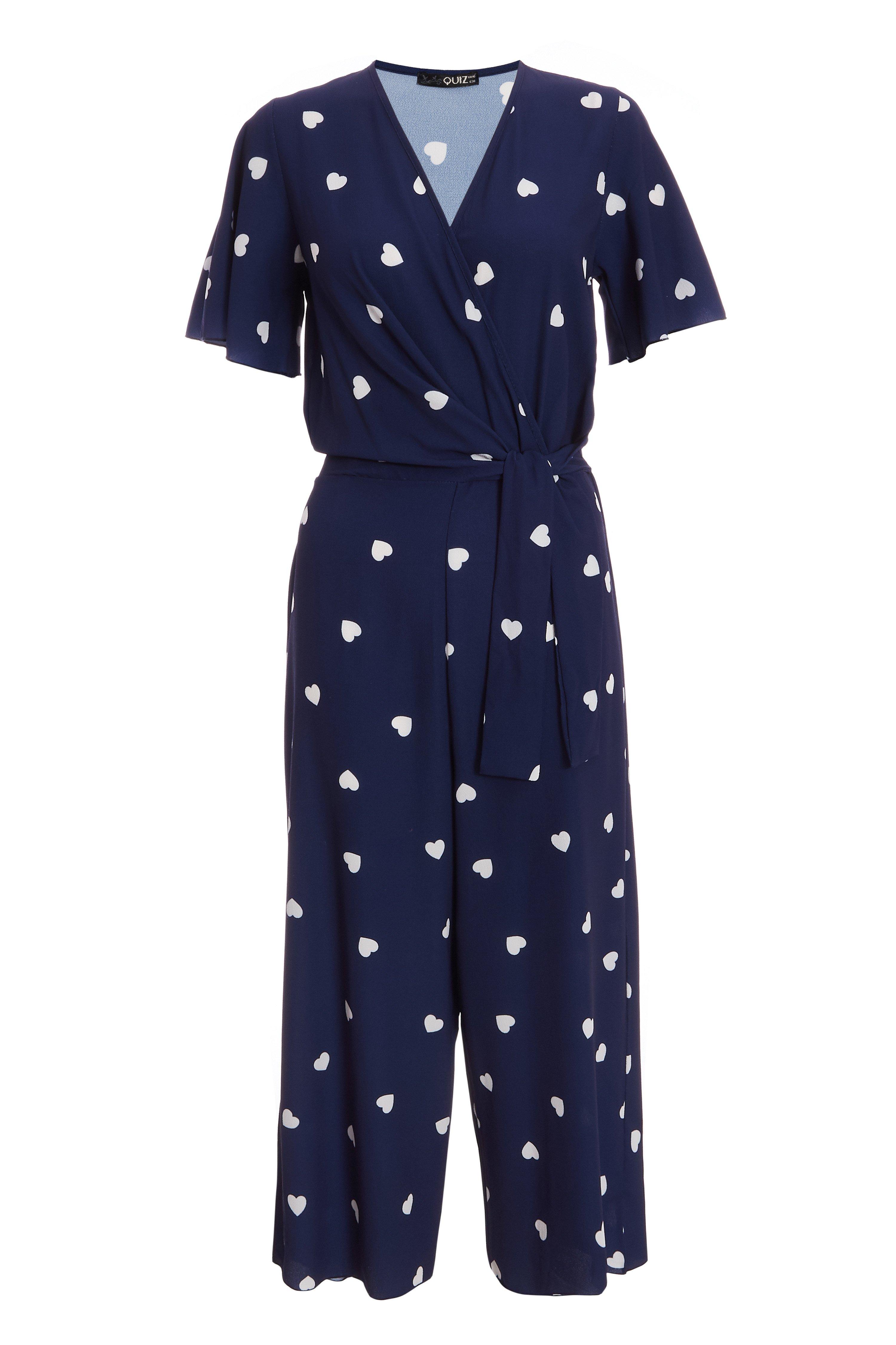 Navy and Cream Heart Print Culotte Jumpsuit - Quiz Clothing