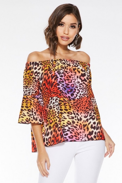 Multicoloured Leopard Print Bardot Top