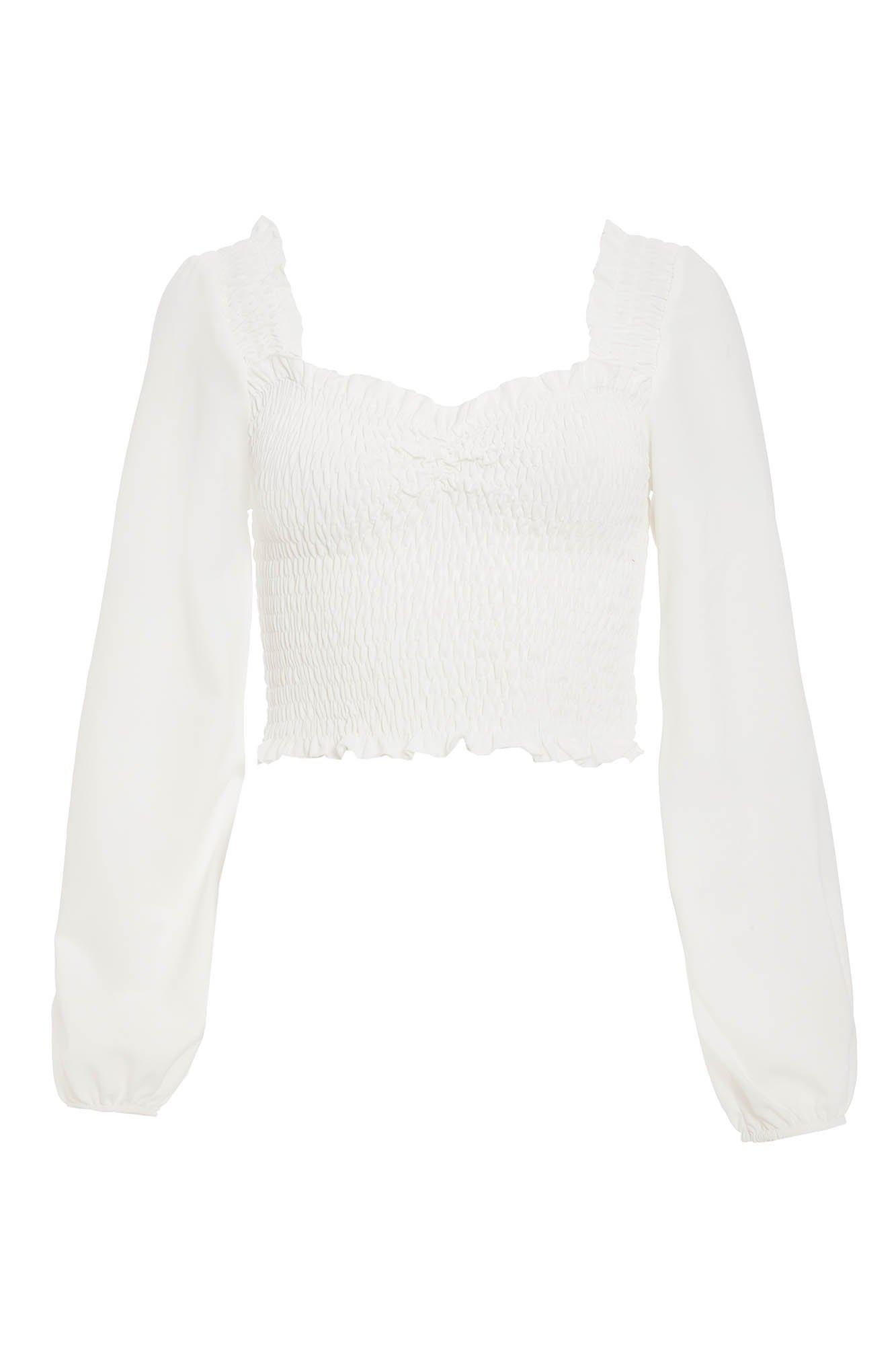 Cream Long Sleeve Shirred Crop Top - Quiz Clothing