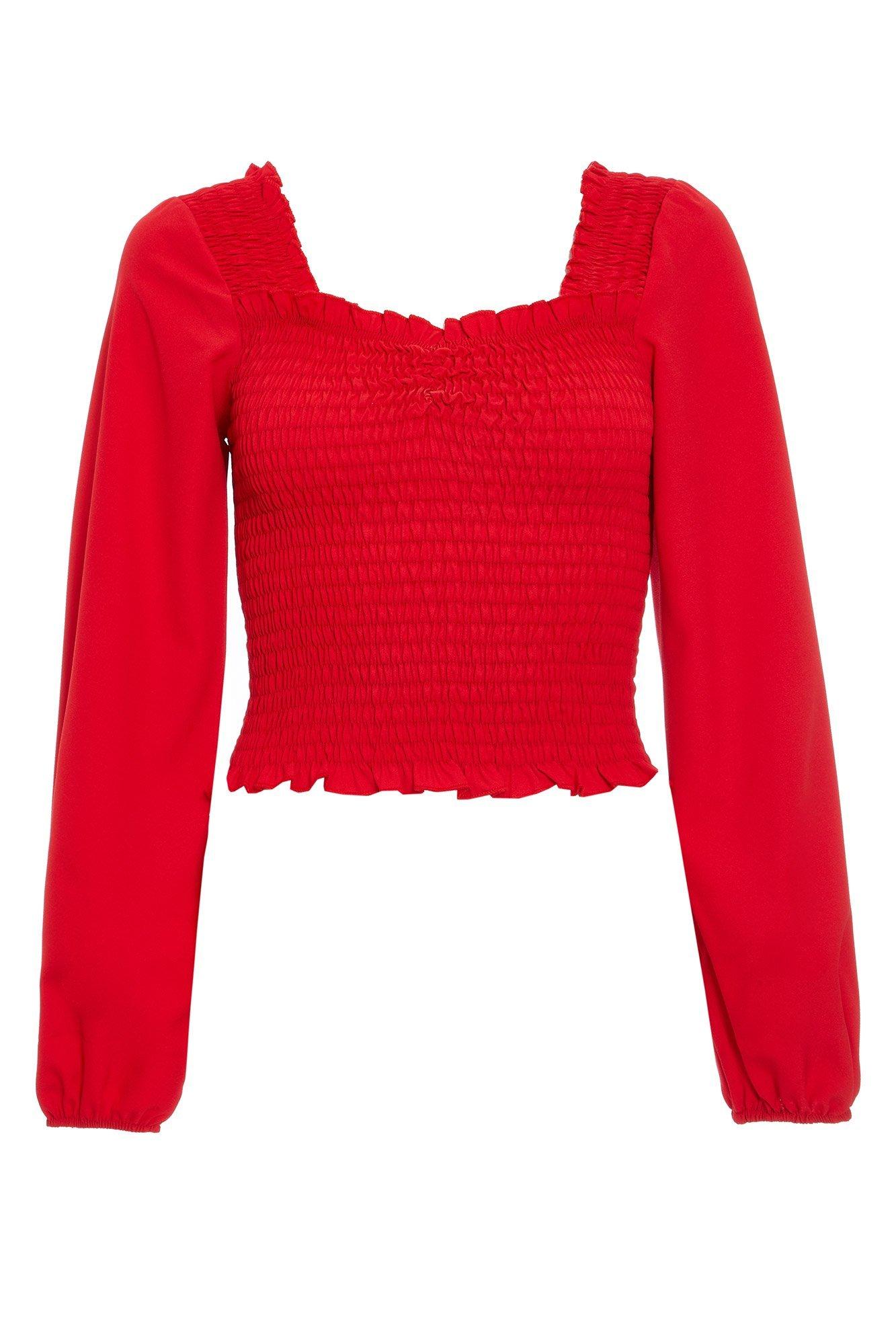 Red Long Sleeve Shirred Crop Top - Quiz Clothing