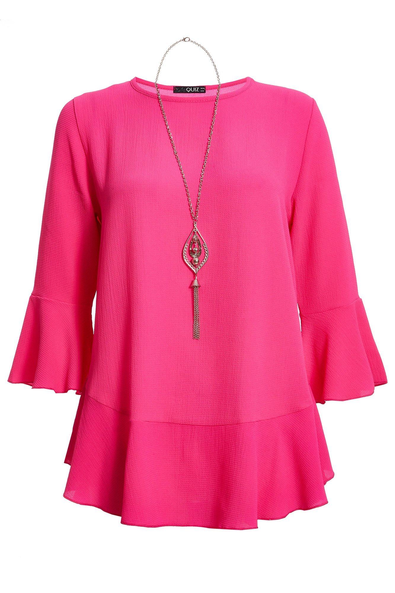 Pink 3/4 Sleeve Frill Hem Necklace Top - Quiz Clothing