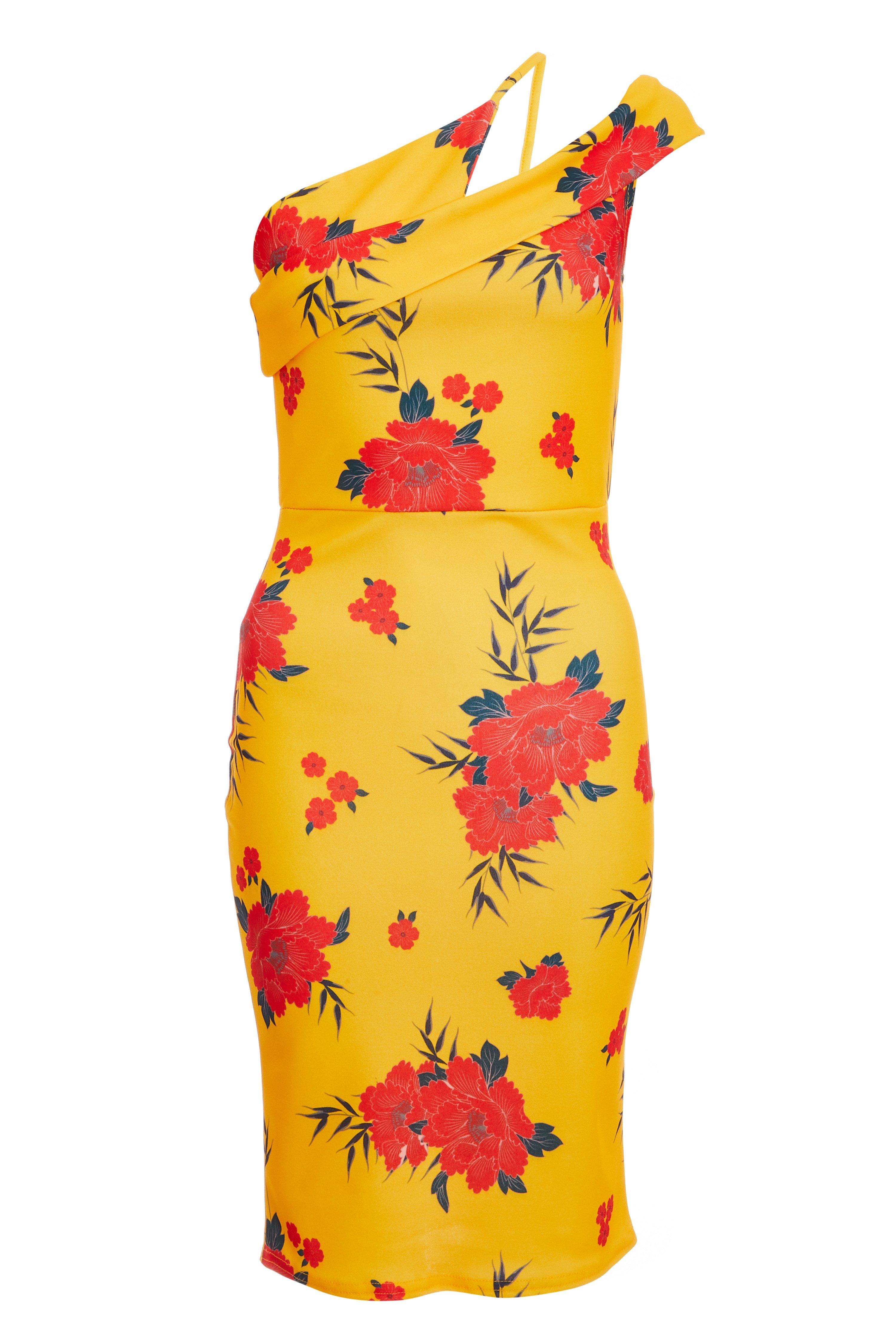 Yellow and Orange Floral Asymmetric Dress - Quiz Clothing