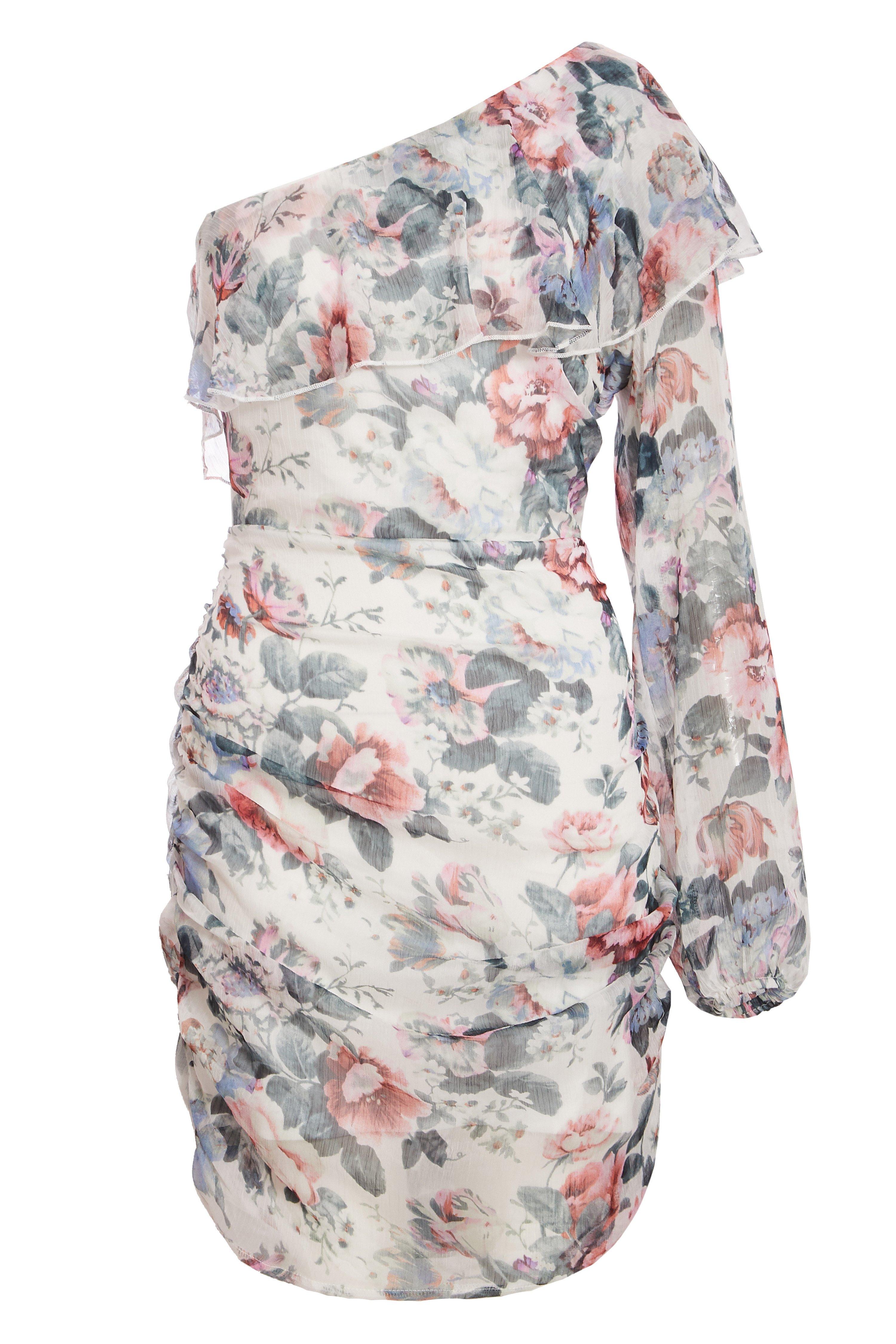 Cream Pink and Grey Floral One Shoulder Dress - Quiz Clothing