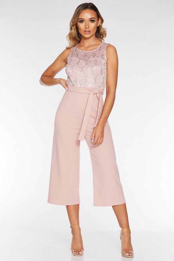Blush Pink Sequin Lace Culotte Jumpsuit - Quiz Clothing