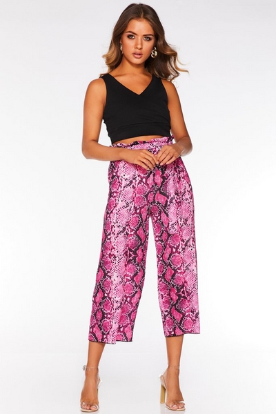 Cerise Pink Snake Print Belted Culotte Trousers