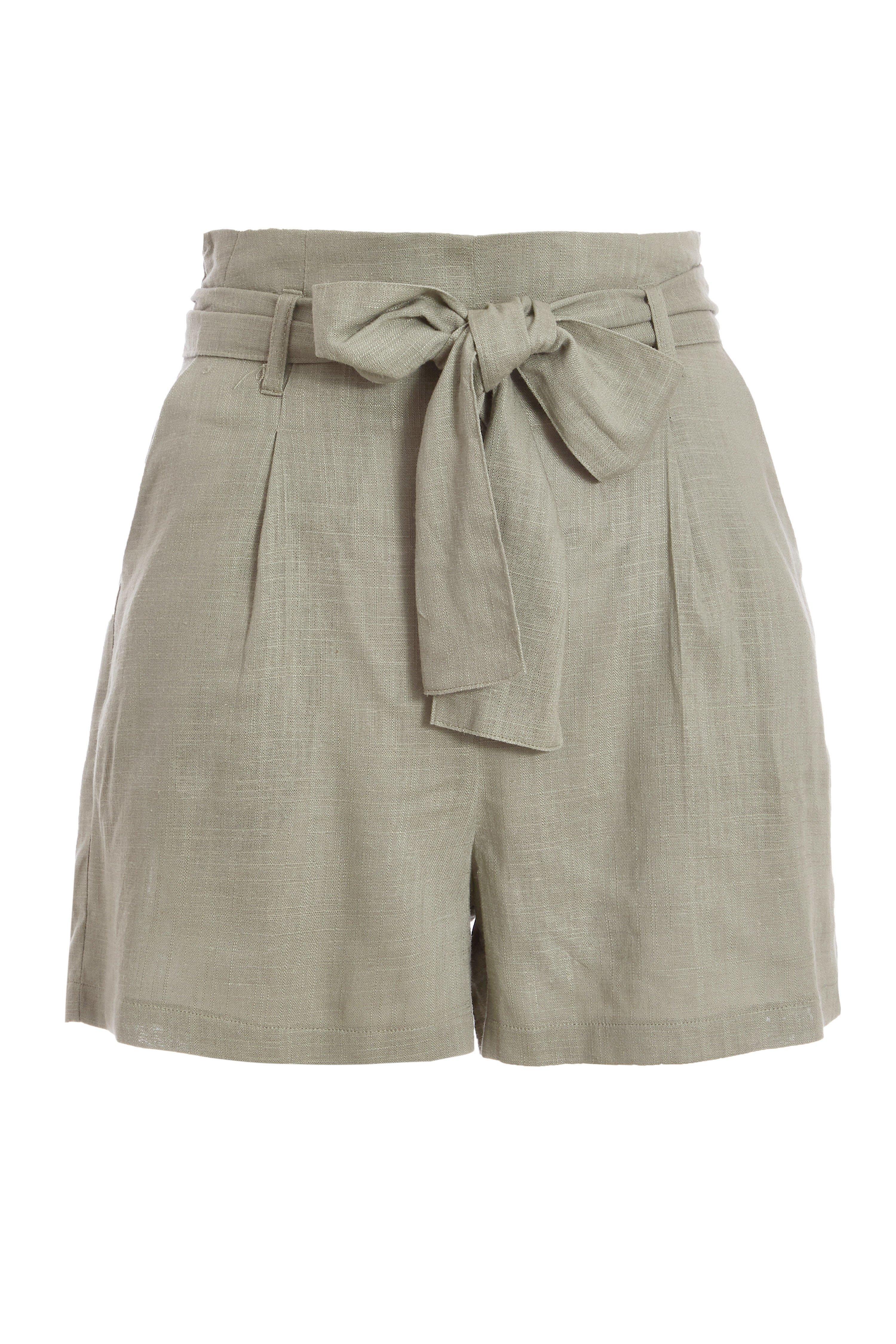 Khaki Linen Paper Bag Shorts - Quiz Clothing
