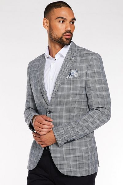 Regular Fit Blazer in Grey with Check Detail
