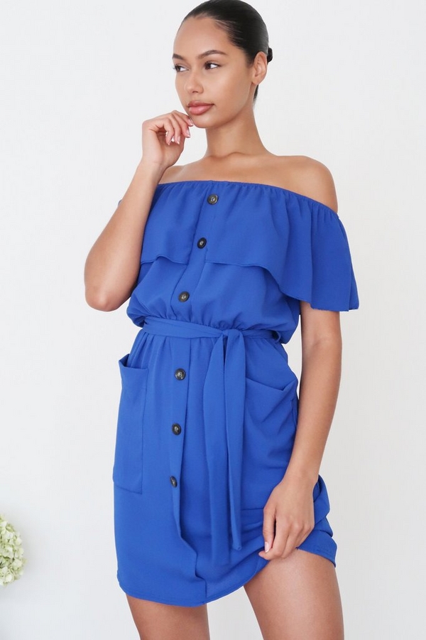 Blue Bardot Button Front Dress