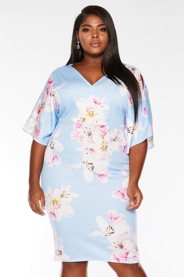 Curve Pale Blue and Pink Floral Midi Dress - Quiz Clothing