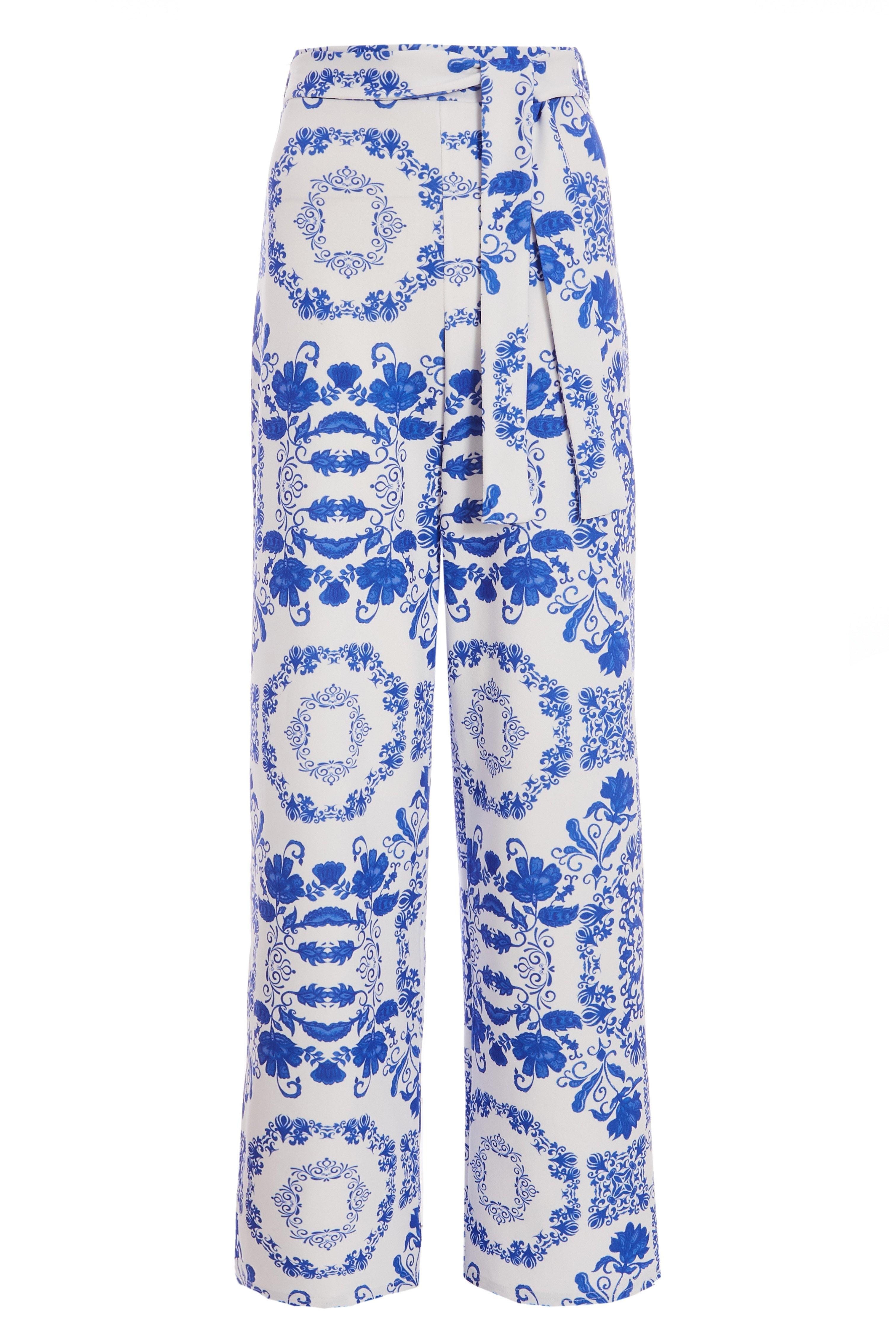 Royal Blue and White Tile Print Palazzo Trousers - Quiz Clothing