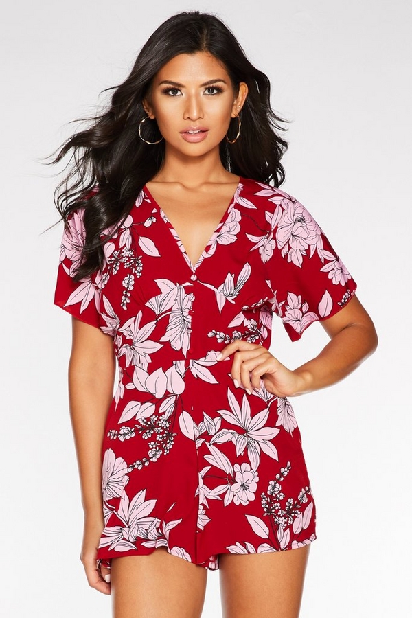 Red And Pink Button Front Floral Playsuit