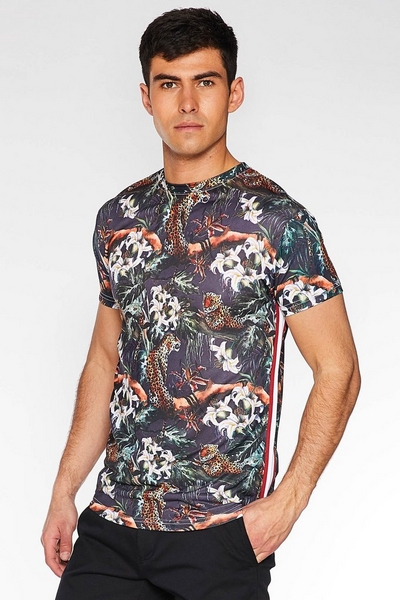 Floral Animal Print T-Shirt with Side Tape