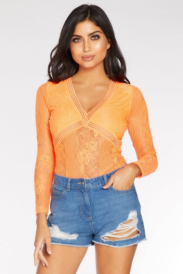 Orange Lace Long Sleeve Bodysuit