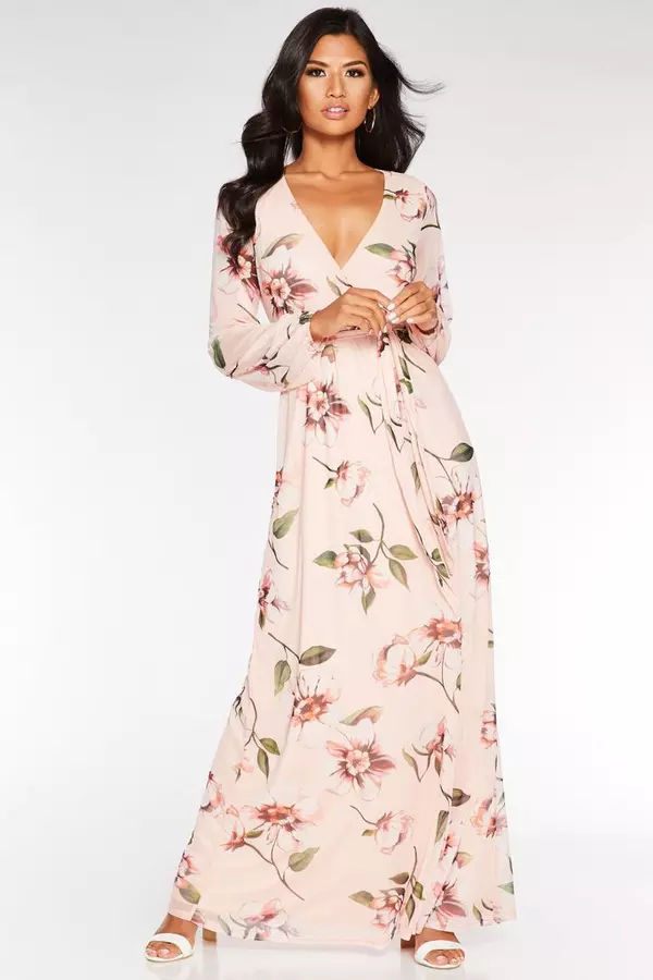 Peach Mesh Long Sleeve Floral Maxi Mesh Long Sleeve Maxi Dress Floral