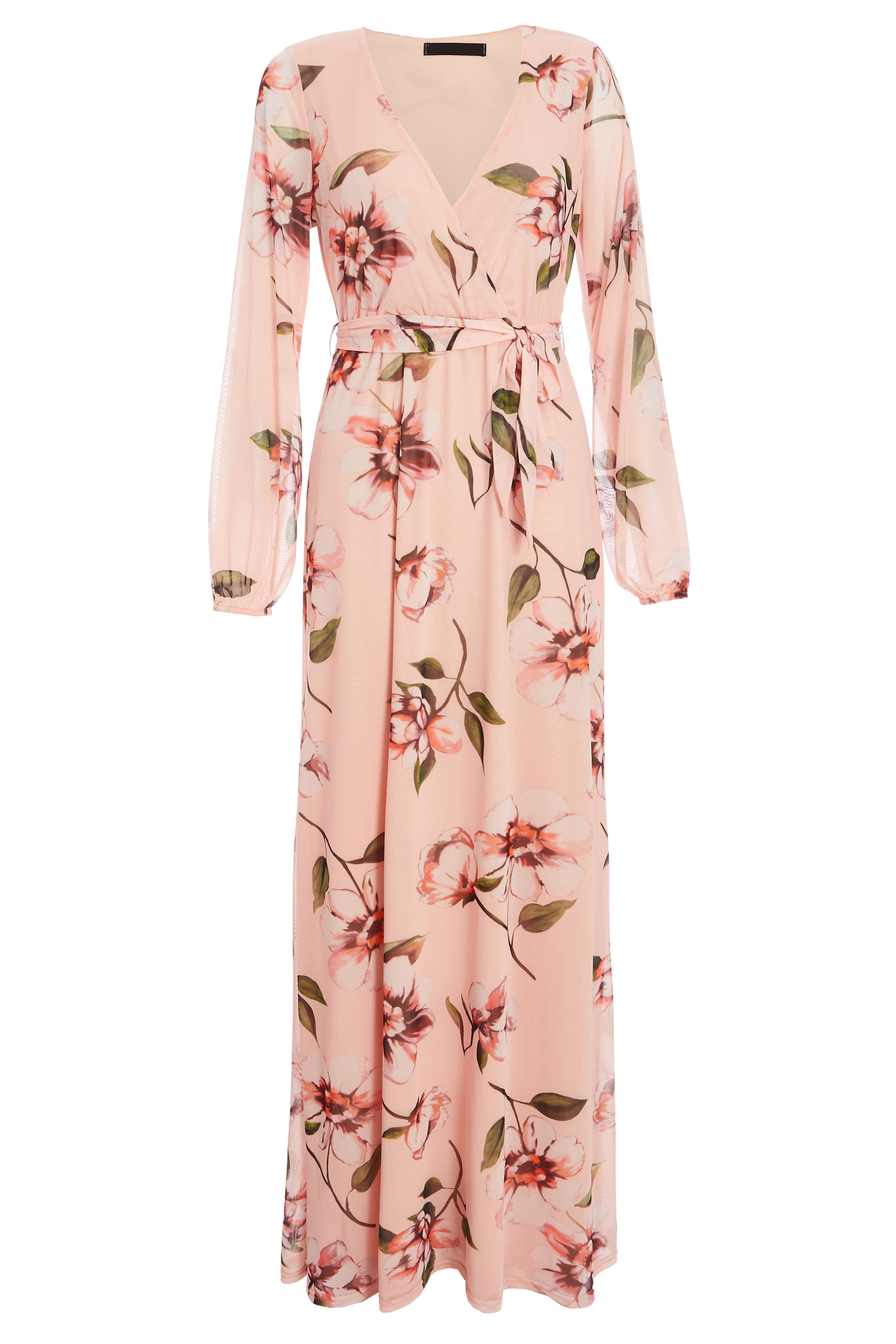 Peach Mesh Long Sleeve Floral Maxi Dress - Quiz Clothing