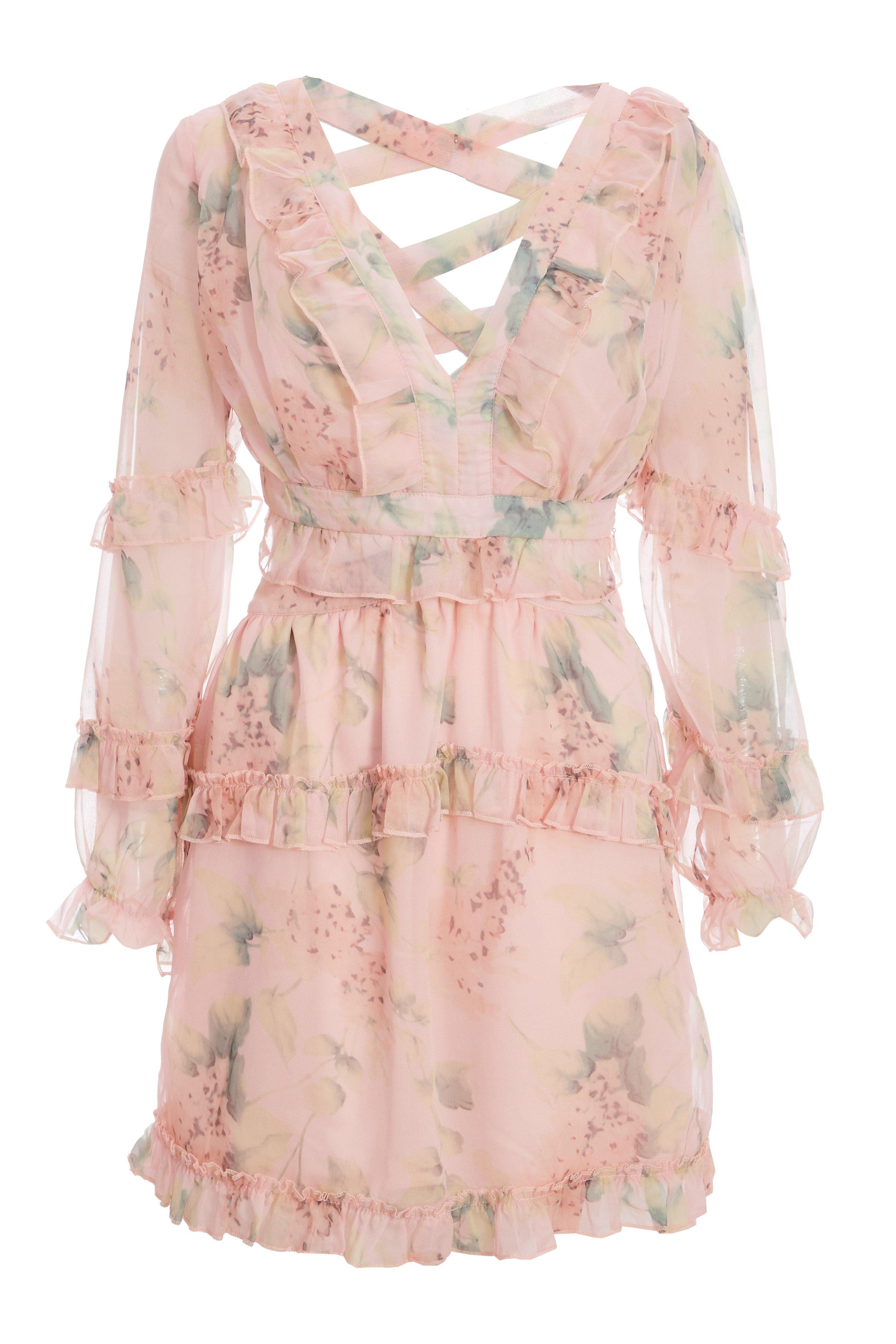 Chiffon Floral Lace Up Dress - Quiz Clothing