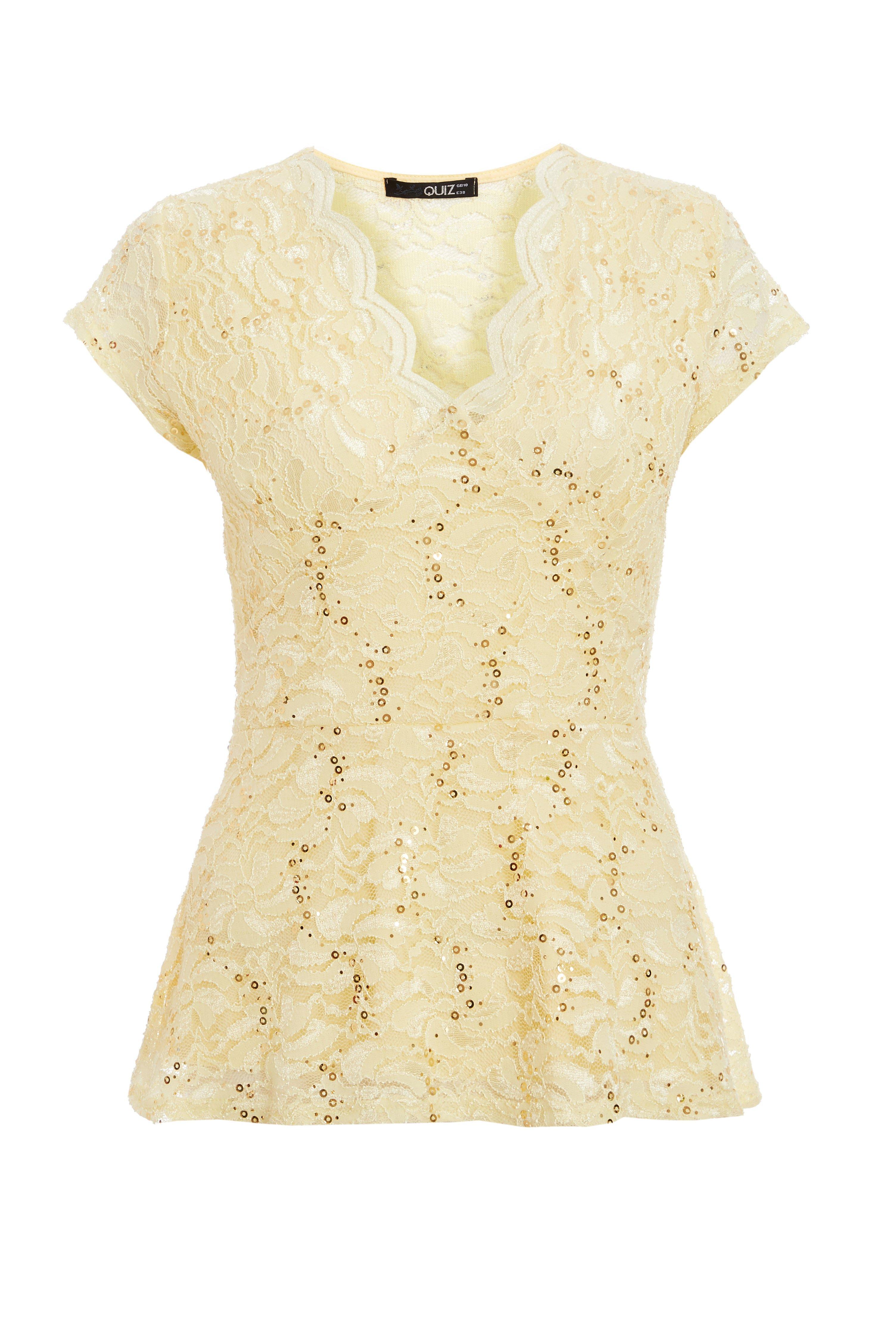 Lemon Yellow Sequin Lace Scallop Peplum Top - Quiz Clothing