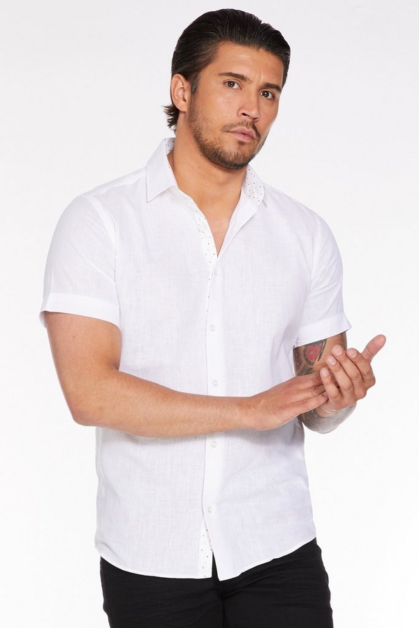 Plain Short Sleeve Linen Shirt in White