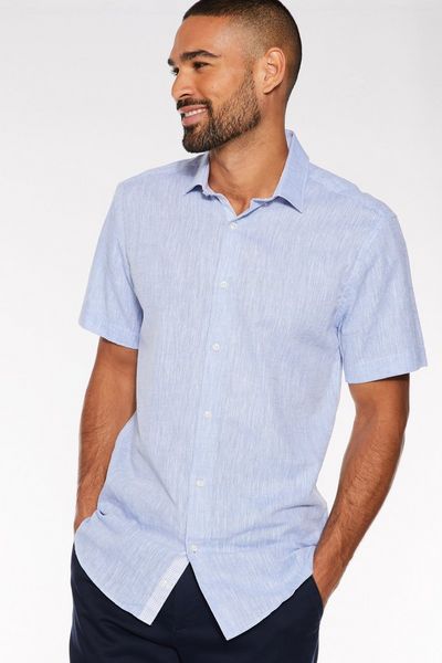 Plain Blue Short Sleeve Linen Shirt