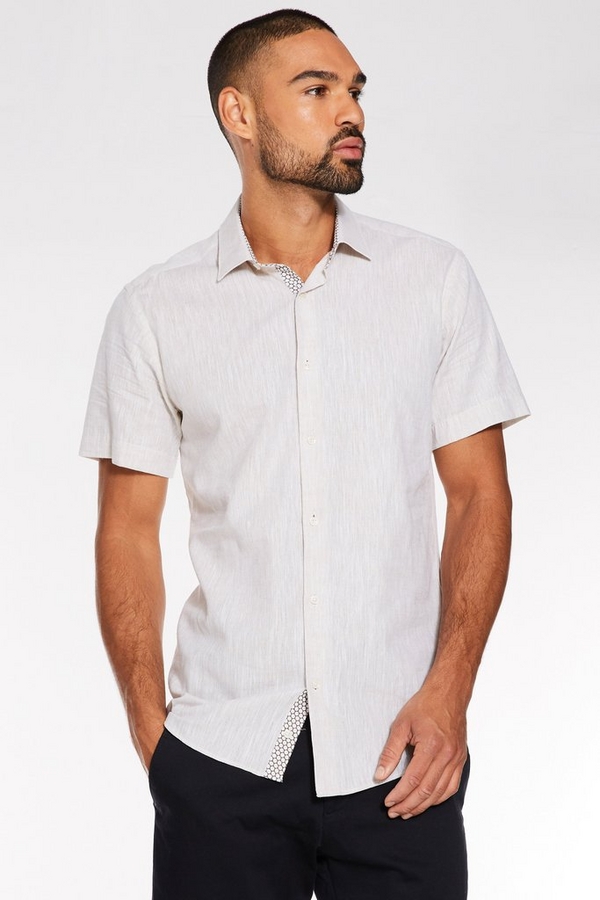 Plain Short Sleeve Linen Shirt in Stone