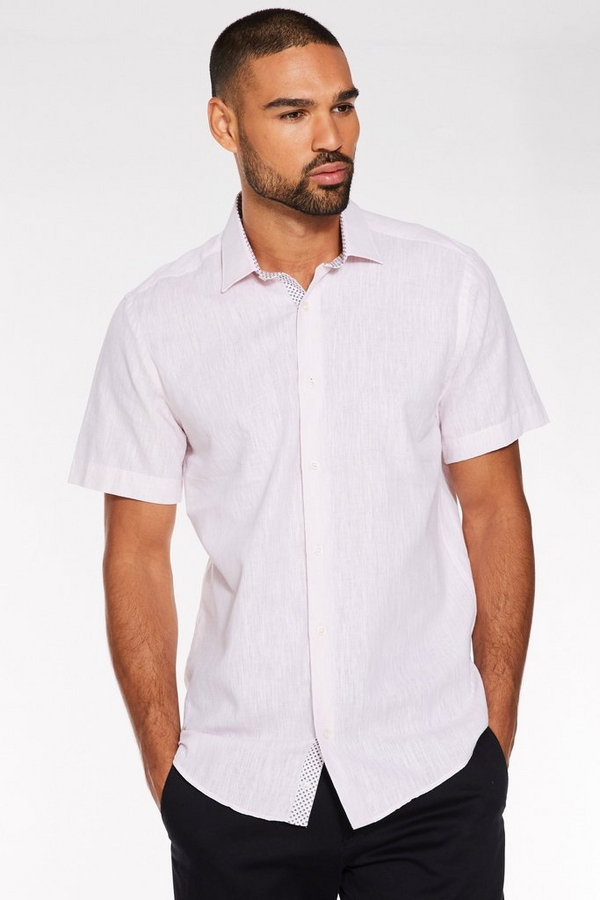 Plain Short Sleeve Linen Shirt in Pink