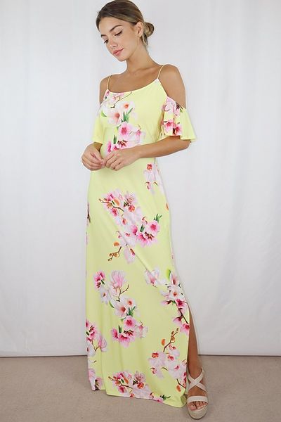 Yellow and Pink Cold Shoulder Maxi Dress