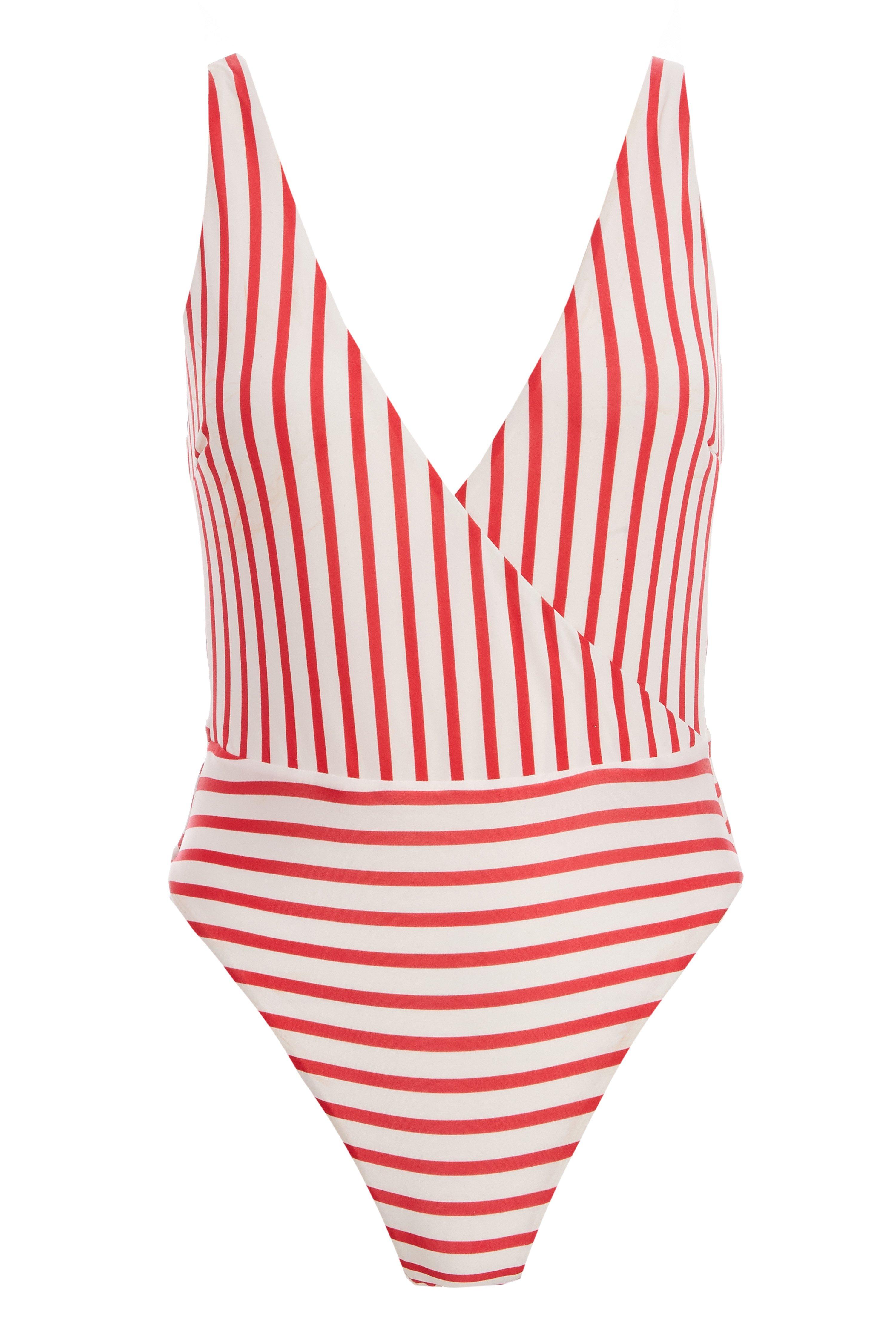 Red Stripe V Neck Swimsuit - Quiz Clothing