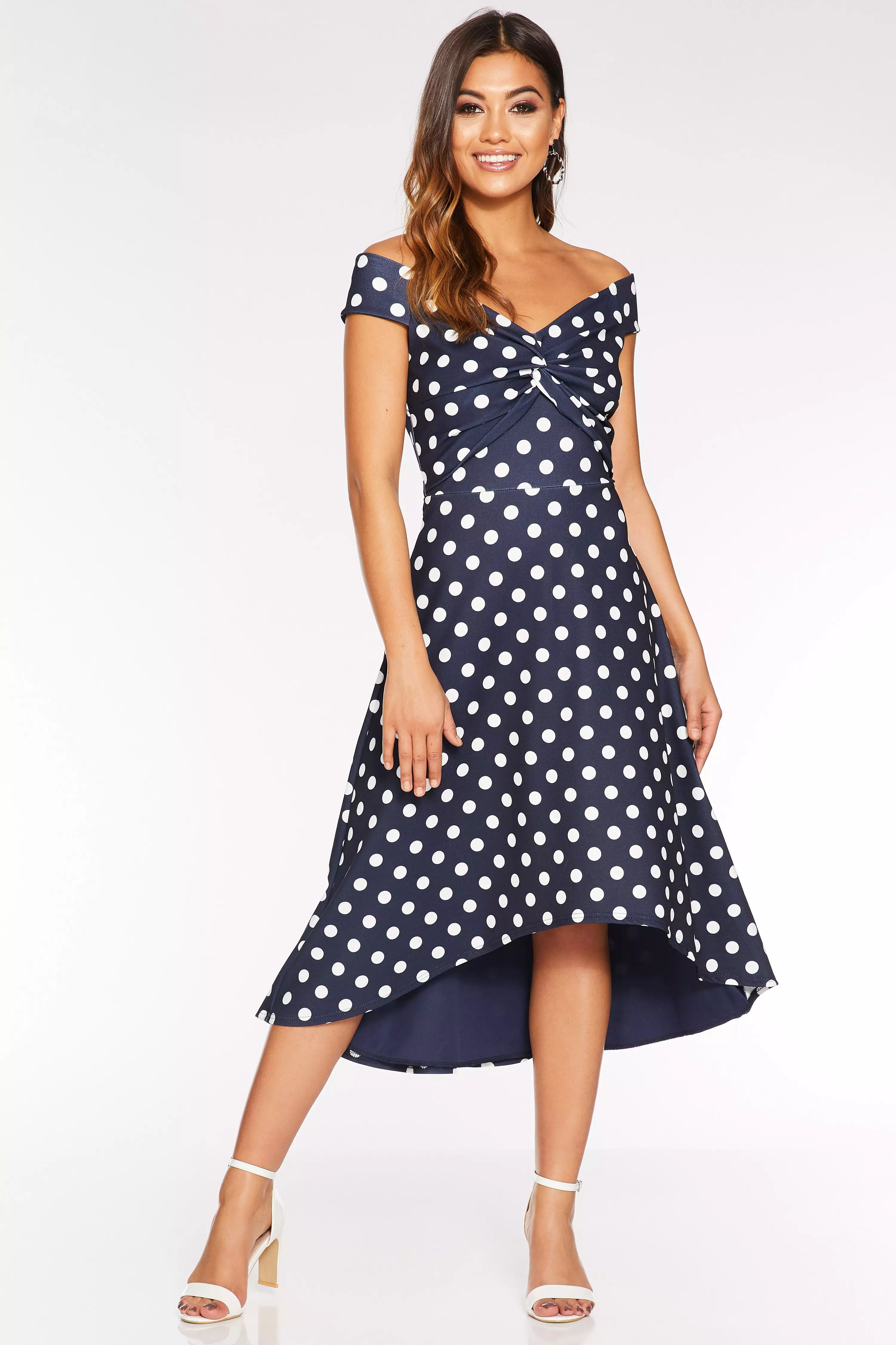 blue and white polka dot dress