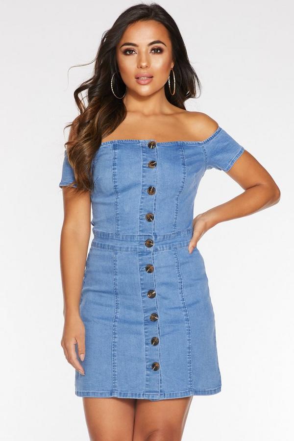 Petite Light Blue Denim Bardot Button Dress Quiz Clothing
