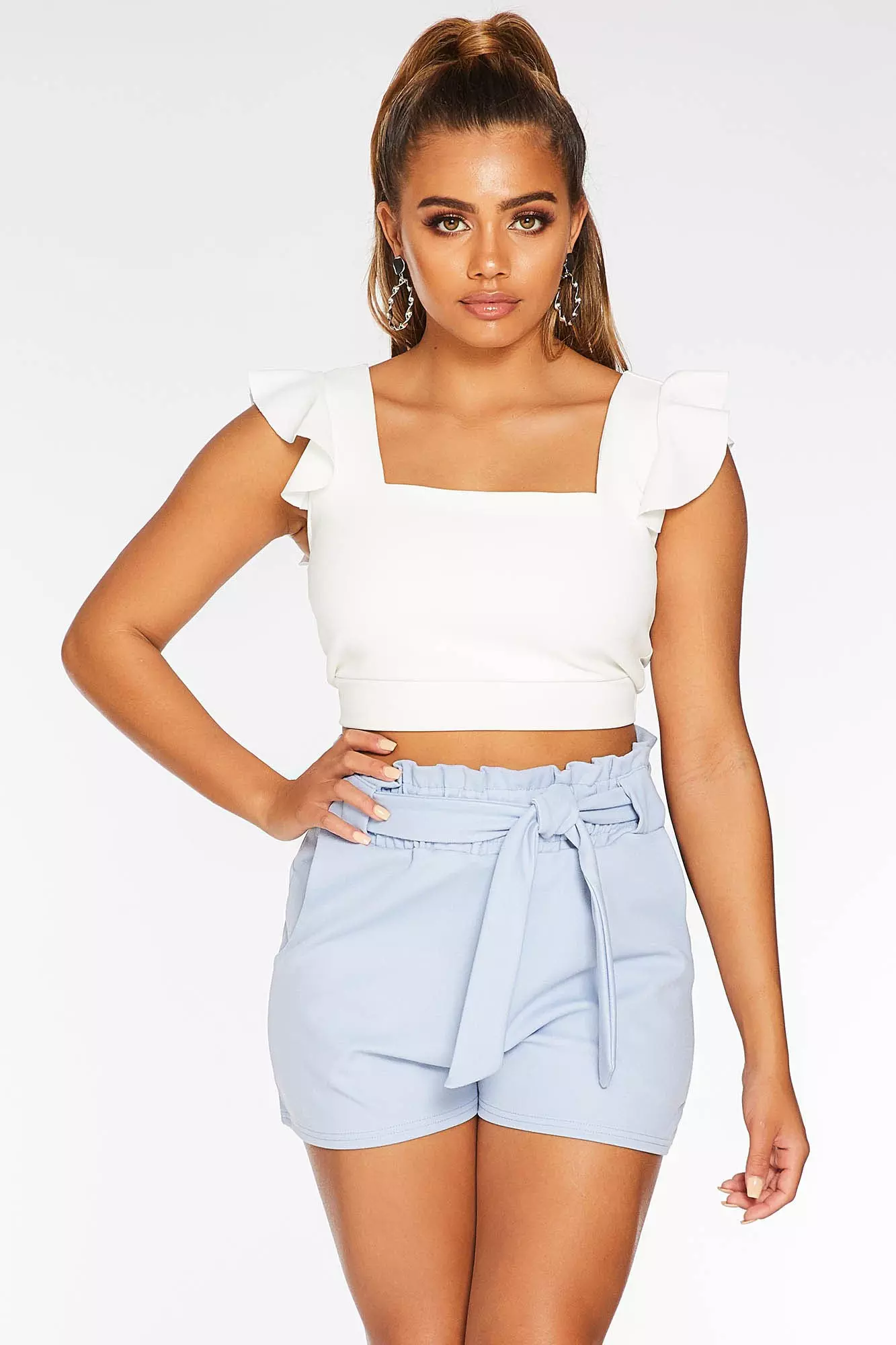 light blue paperbag shorts