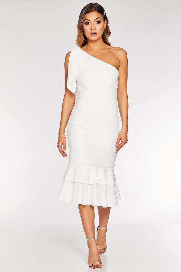 Cream One Shoulder Frill Hem Midi Dress - Quiz Clothing